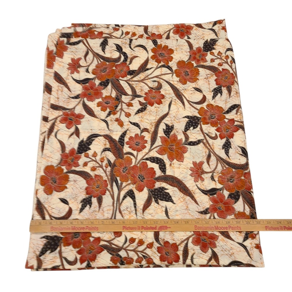 Vintage Indonesian Batik Floral Cotton Fabric 3/4 Yard Brown Orange Boho Quilt